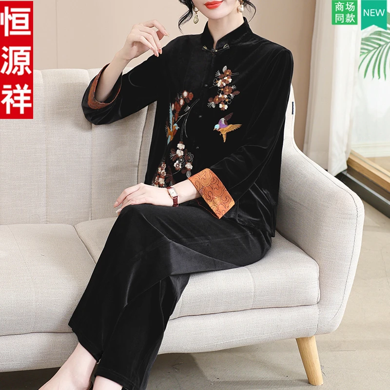 恒源祥品牌妈妈秋装2025新款金丝绒套装中老年女春秋洋气质两件套