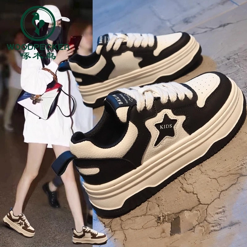 啄木鸟超火小白鞋2025女新款春季厚底板鞋百搭黑白熊猫鞋子ins潮