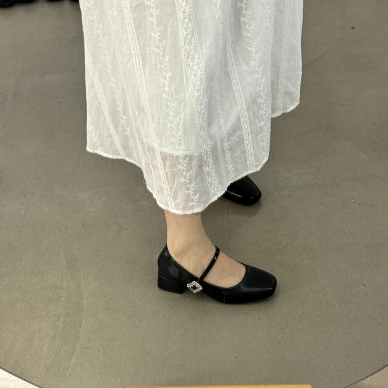 水钻仙女风一字扣带方头高跟鞋2025春季新款粗跟黑色玛丽珍单鞋