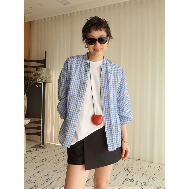 【春日多巴胺】LIY蓝格子亚麻衬衫