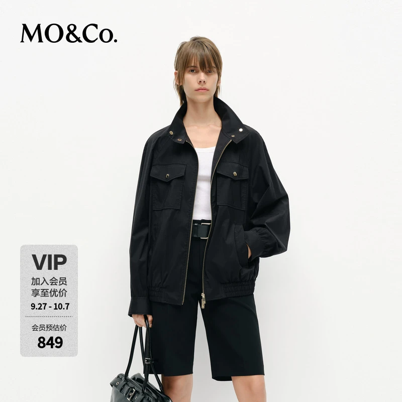 MOCO夹克2025春新品高领双开头拉链宽松工装外套黑色MBE1JKTT10