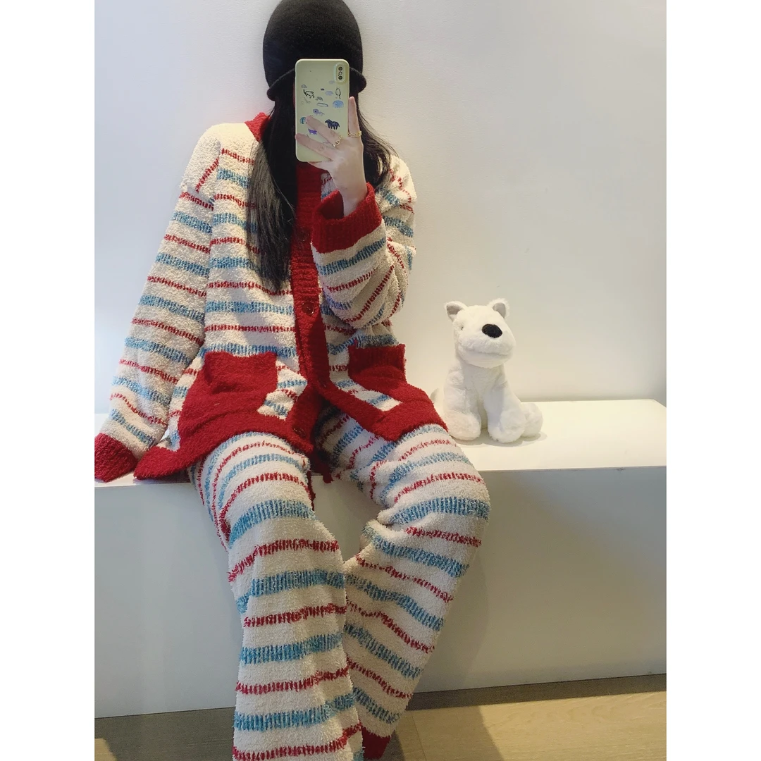 【新年睡衣】复古撞色条纹半边绒睡衣女套装秋冬针织家居服可外穿