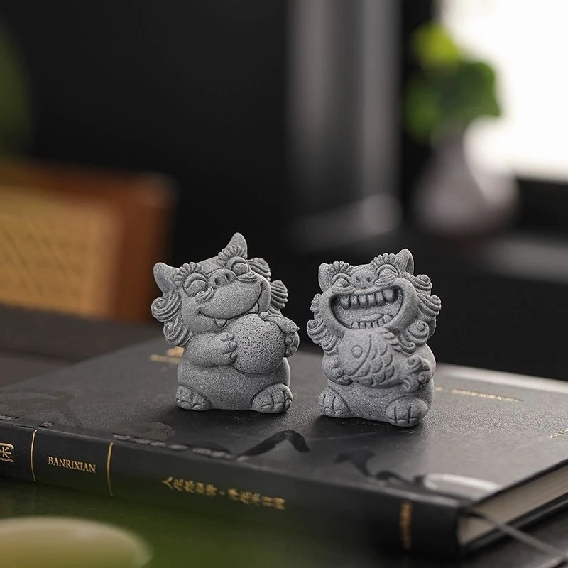 中国风青砂石招财创意狮子风狮爷一对桌面客厅装饰品吉祥物小摆件