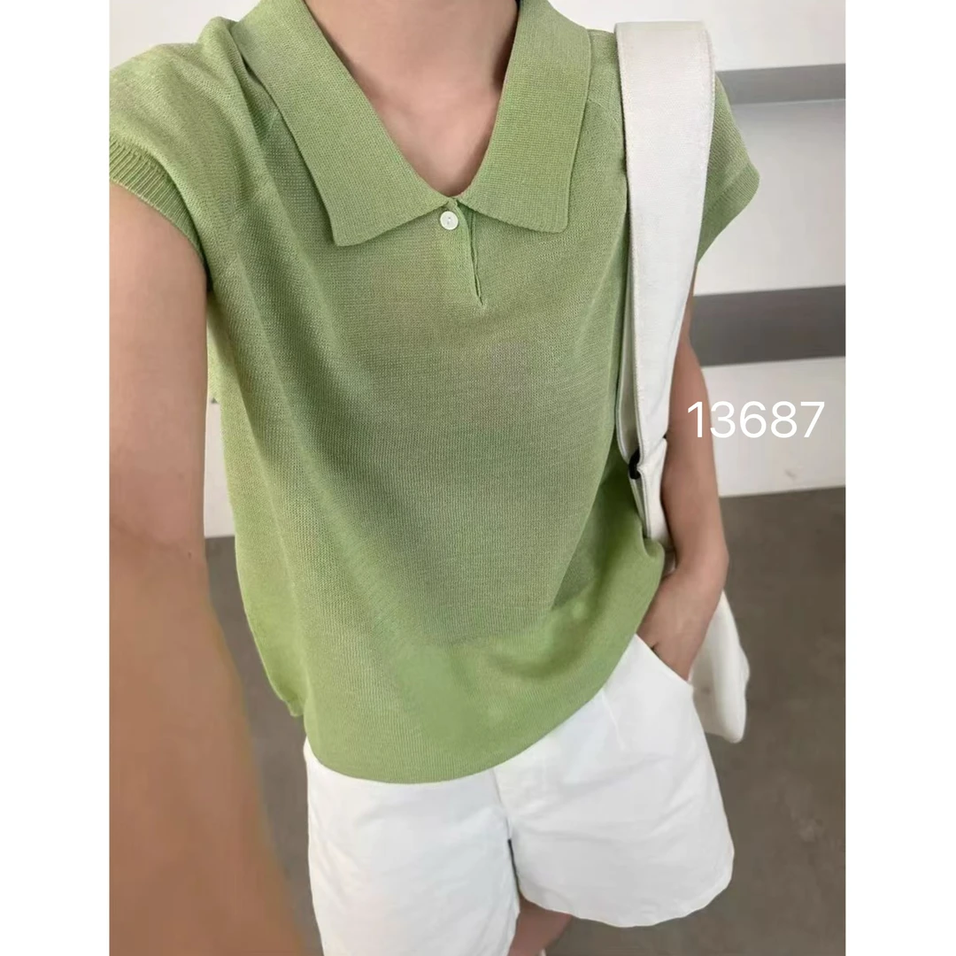 13687（部分无水洗唛，介意慎拍）WANGDAN新款一粒扣翻领针织短袖