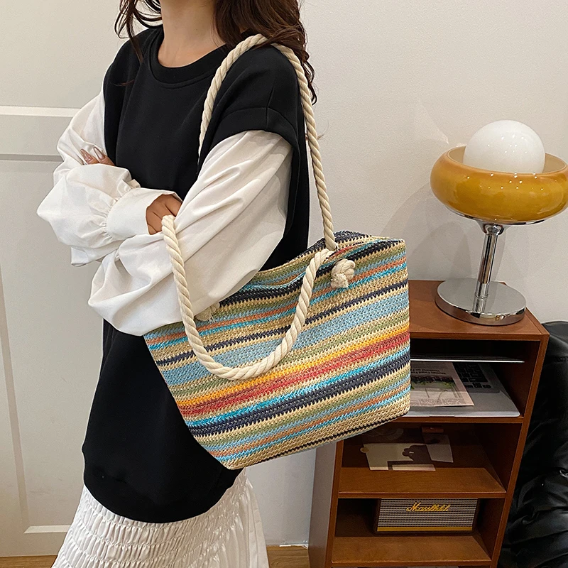 海边度假草编包包女大容量彩虹编织手提袋外出今年最火的斜挎包