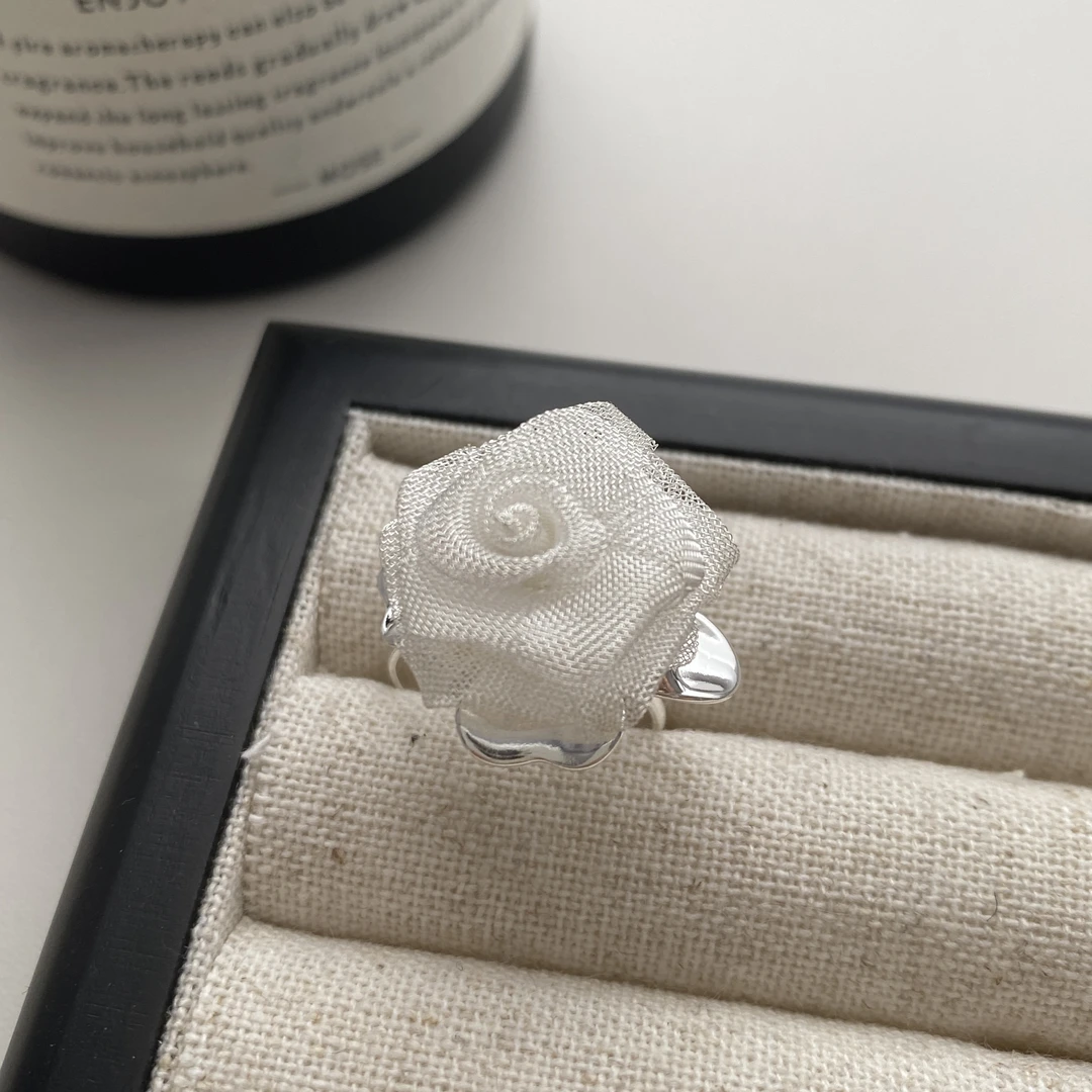 铜合金戒指 网纱山茶花立体花朵戒指手工戒指小众设计感可调节