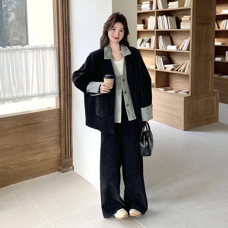 牛仔拼接假两件套装2025春季穿搭一整套高级感叠穿显瘦宽松阔腿裤