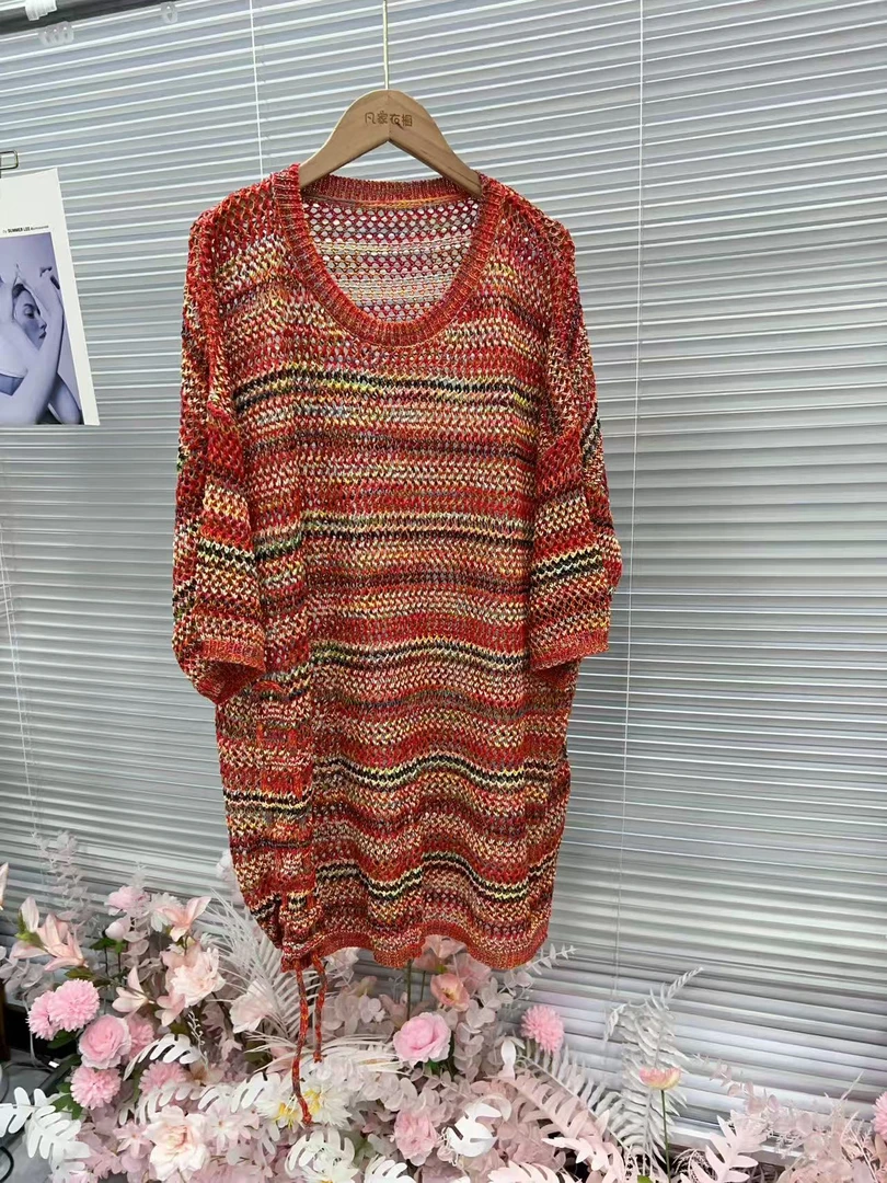 877【安言服饰】时尚钩织款女装百搭彩虹衫气质圆领镂空夏季
