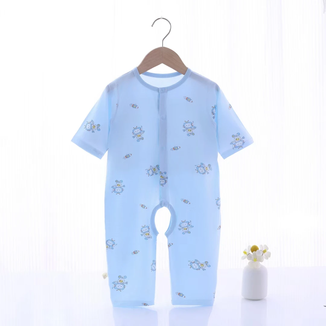 婴儿宝宝薄款夏九分袖袖长裤天丝莱赛尔开裆空调连体爬服哈衣