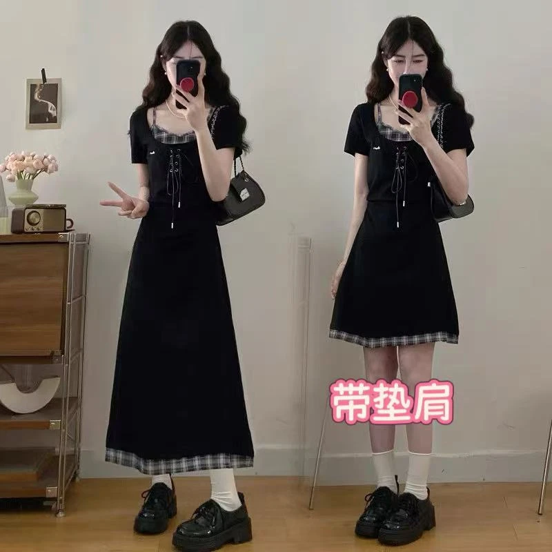 【雯雯子定制】2025夏季新款大码女装显瘦拼格子减龄甜美风连衣裙