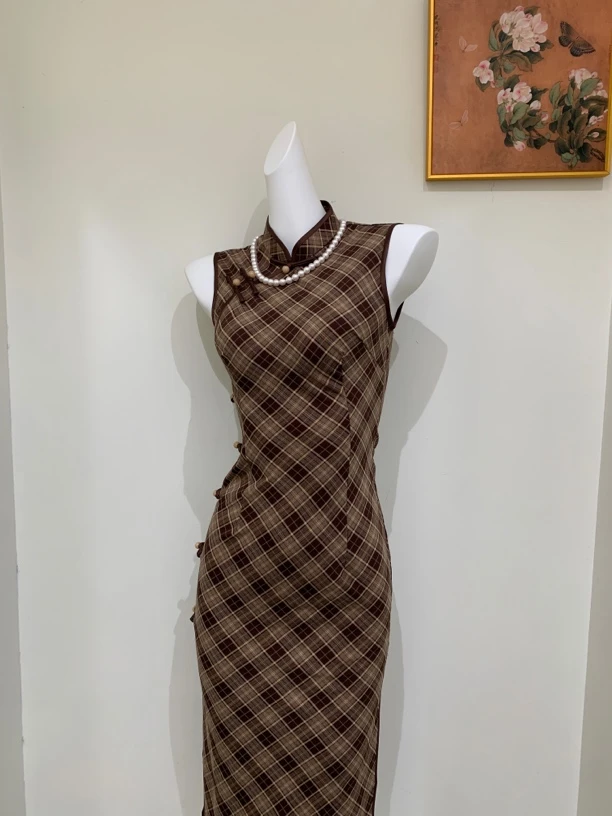 衣长120）茶黎夏季新款无袖格子文艺复古旗袍改良日常送考