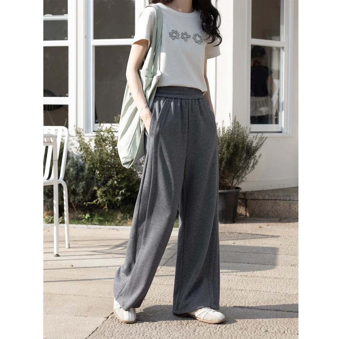 绵云奶芙/时髦lulu 直筒休闲裤女小个子灰色裤子显瘦垂感阔腿裤秋