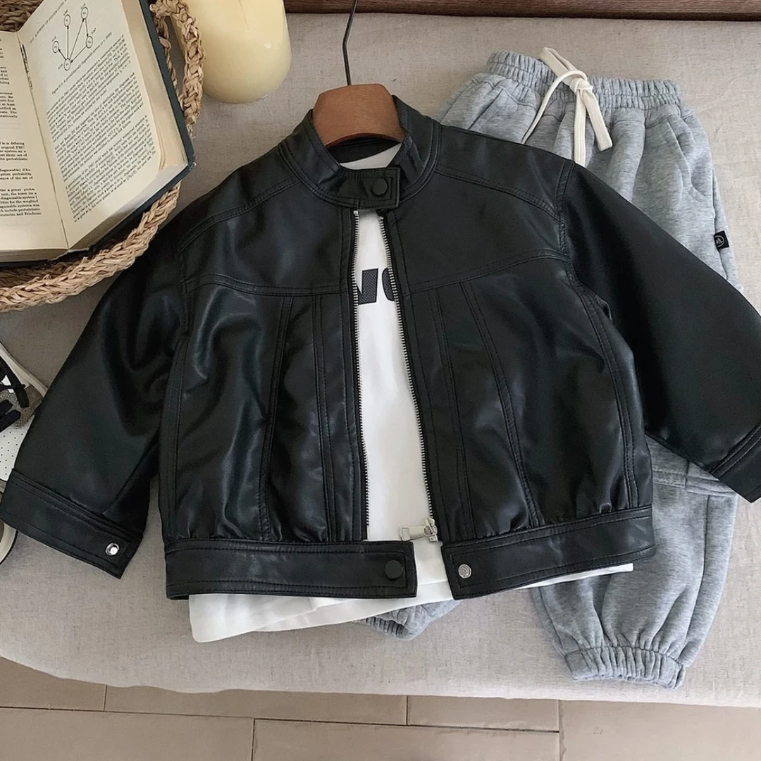 2025春秋新款儿童外套新品男女宝宝百搭纯色皮夹克短款皮风衣潮流