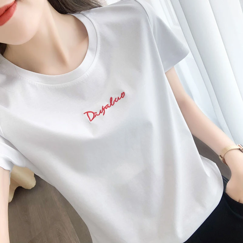 80支双面丝光棉短袖t恤女圆领夏季新款白色刺绣时尚显瘦半袖上衣