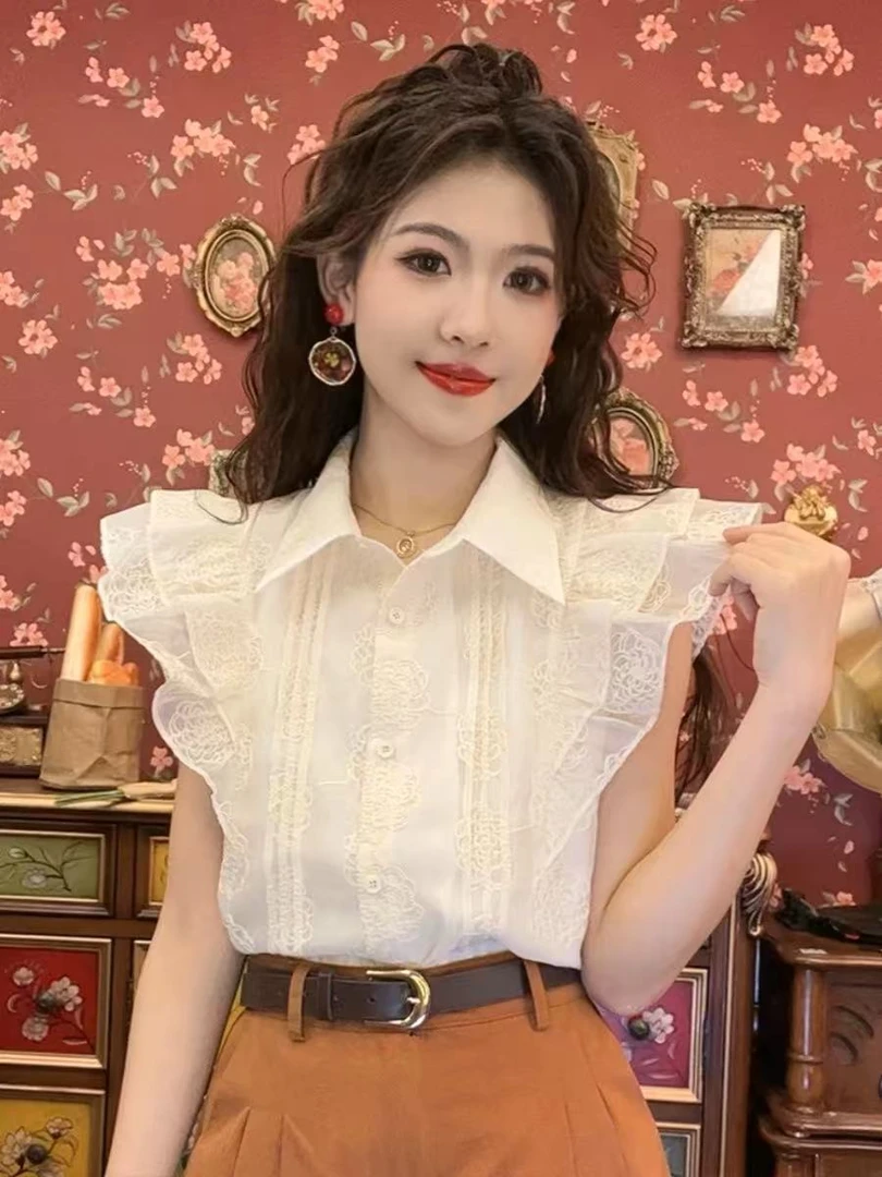 复古港风独特漂亮小衫衬衣刺绣提花短袖衬衫女夏款百搭小飞袖上衣