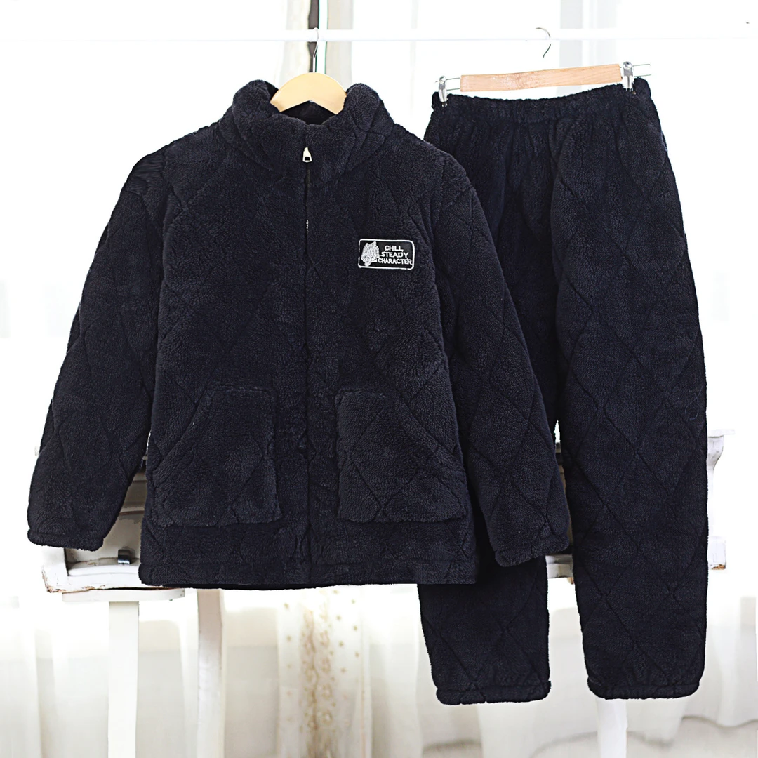 冬季三层夹棉睡衣男加绒加厚宽松大码外穿中长款法兰绒中老年睡衣