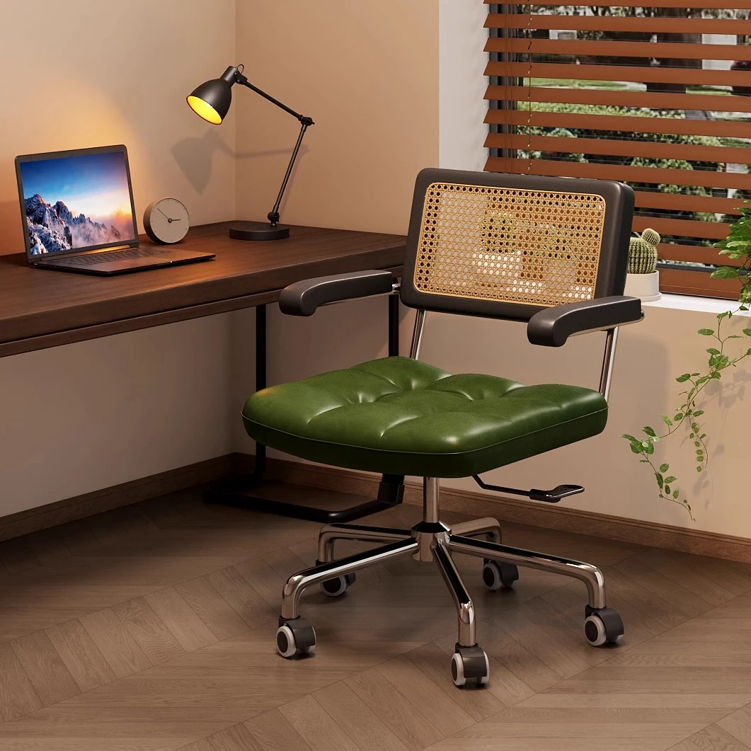 电脑椅家用藤编复古办公椅书房卧室学习书桌椅子靠背餐椅升降转椅