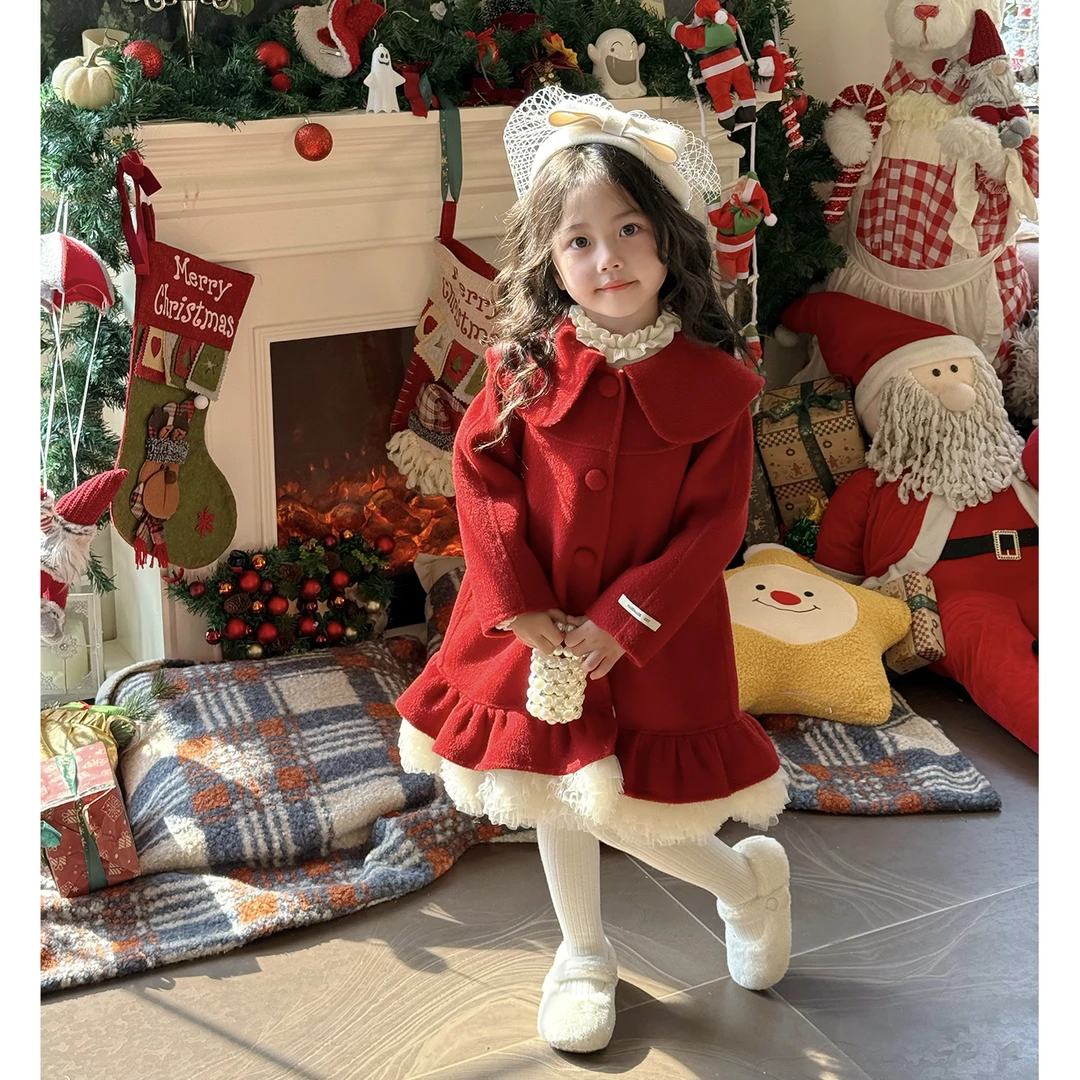 现货）拜年服时髦洋气红色喜庆过年衣服儿童冬装娃娃领加厚中长款