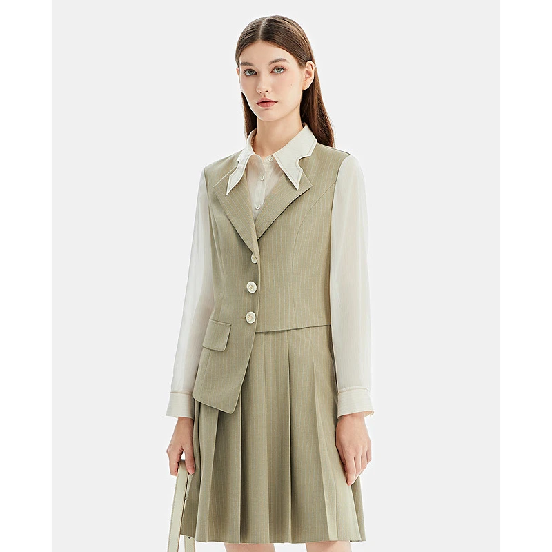 莱芙·艾迪儿早春显瘦修身气质时尚春季百褶中长袖连衣裙1V1L94274