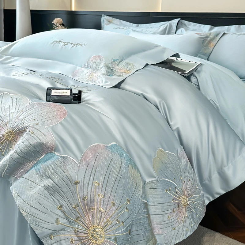 富安娜轻奢素雅风花卉刺绣160支纯棉四件套高档被套床单床上用品4