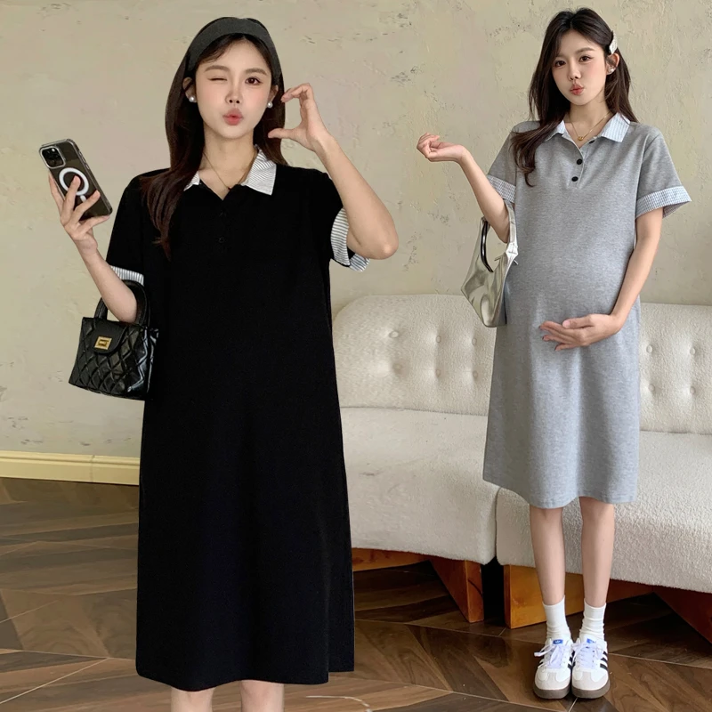 孕妇连衣裙夏季短袖拼接假两件纯棉宽松气质高级感polo裙2025新款