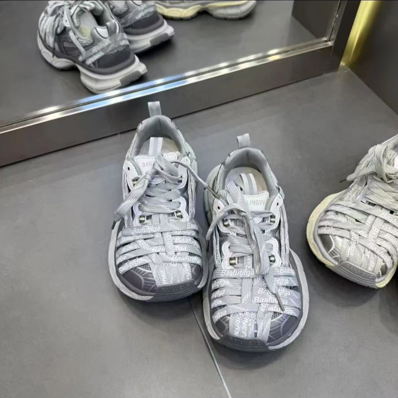 欧货厚底绑带老爹鞋女2025夏季新款网面透气运动鞋户外增高休闲鞋