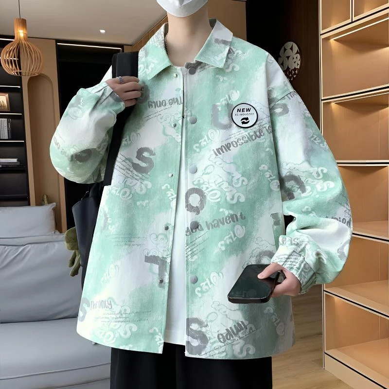 2025春季新款青少年男士牛仔外套字母潮流百搭宽松衬衫夹克外套男