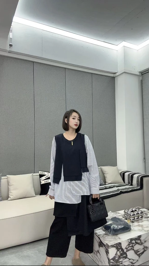 【娜娜推荐】假两件不规则设计时尚百搭宽松上衣G9027