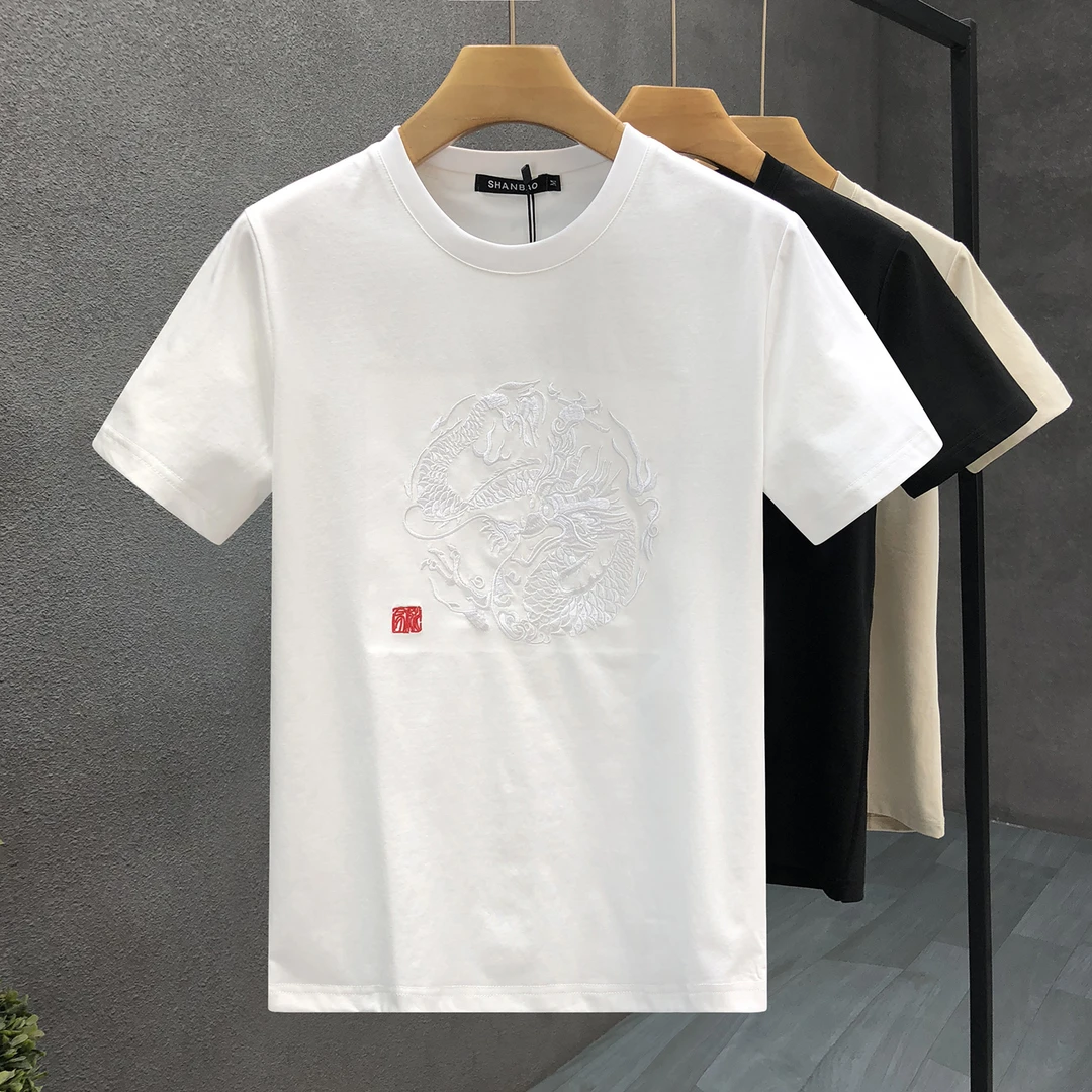 中国风刺绣龙图腾短袖t恤男修身精神小伙半男士中年纯冬季短袖