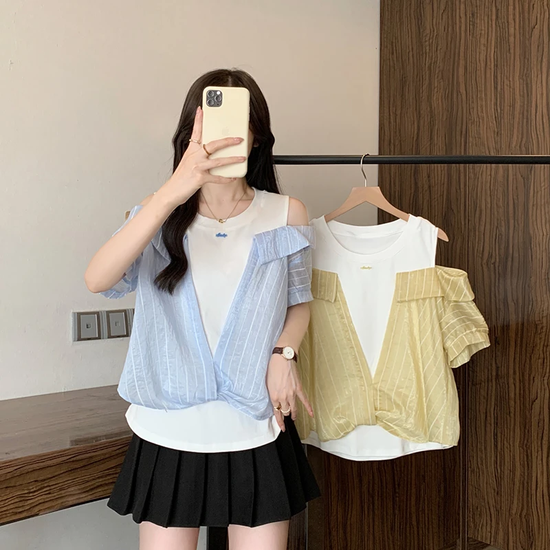 夏装新款胖mm大码女休闲设计感撞色拼接露肩短袖T恤