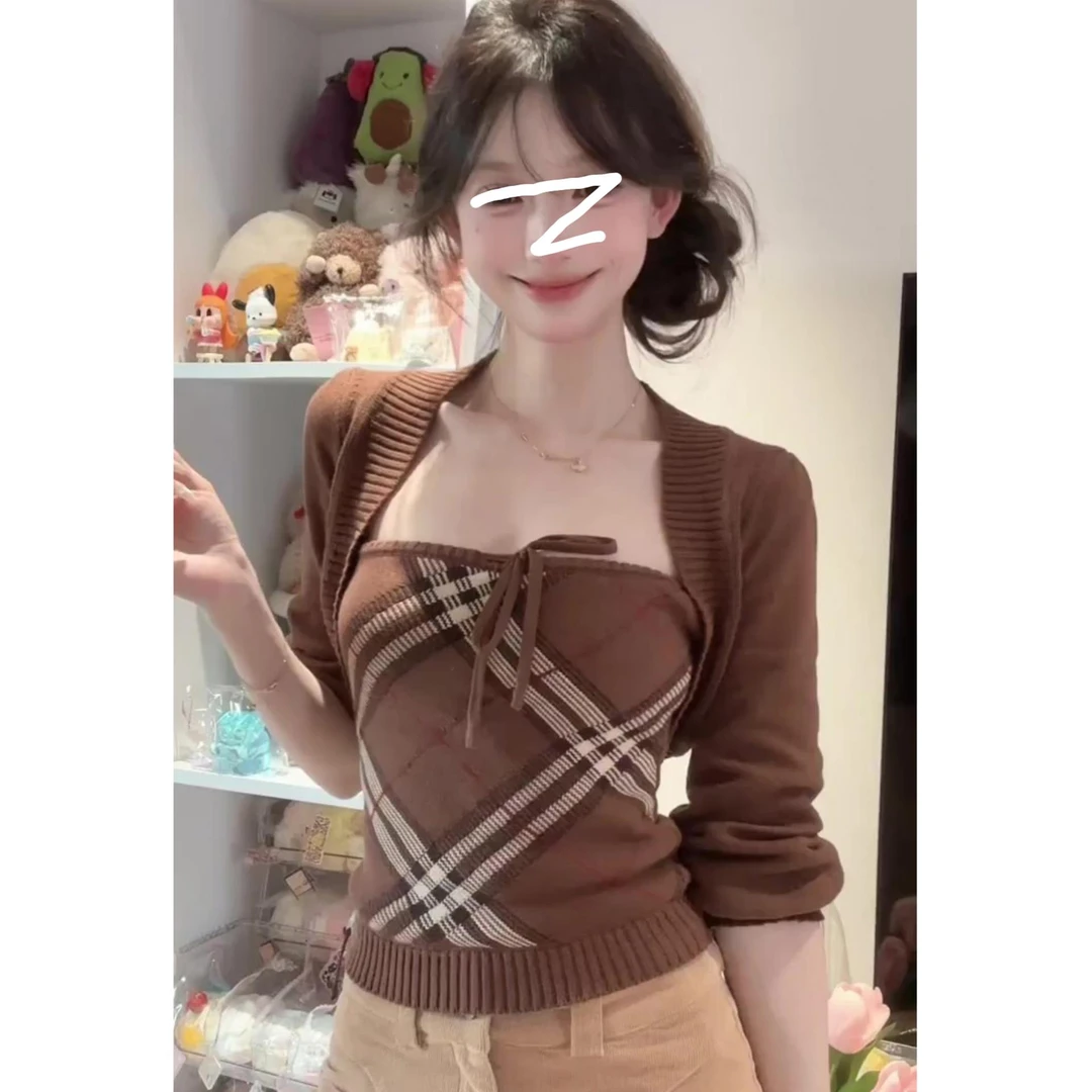 美式辣妹格纹抹胸针织开衫两件套装女早秋装修身显瘦背心毛衣外套