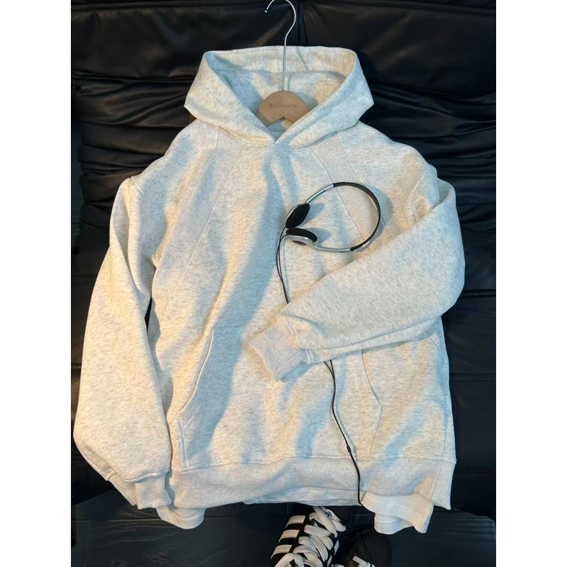 白花灰色重磅卫衣男秋季高级感斜切连帽衫休闲百搭叠穿情侣装外套