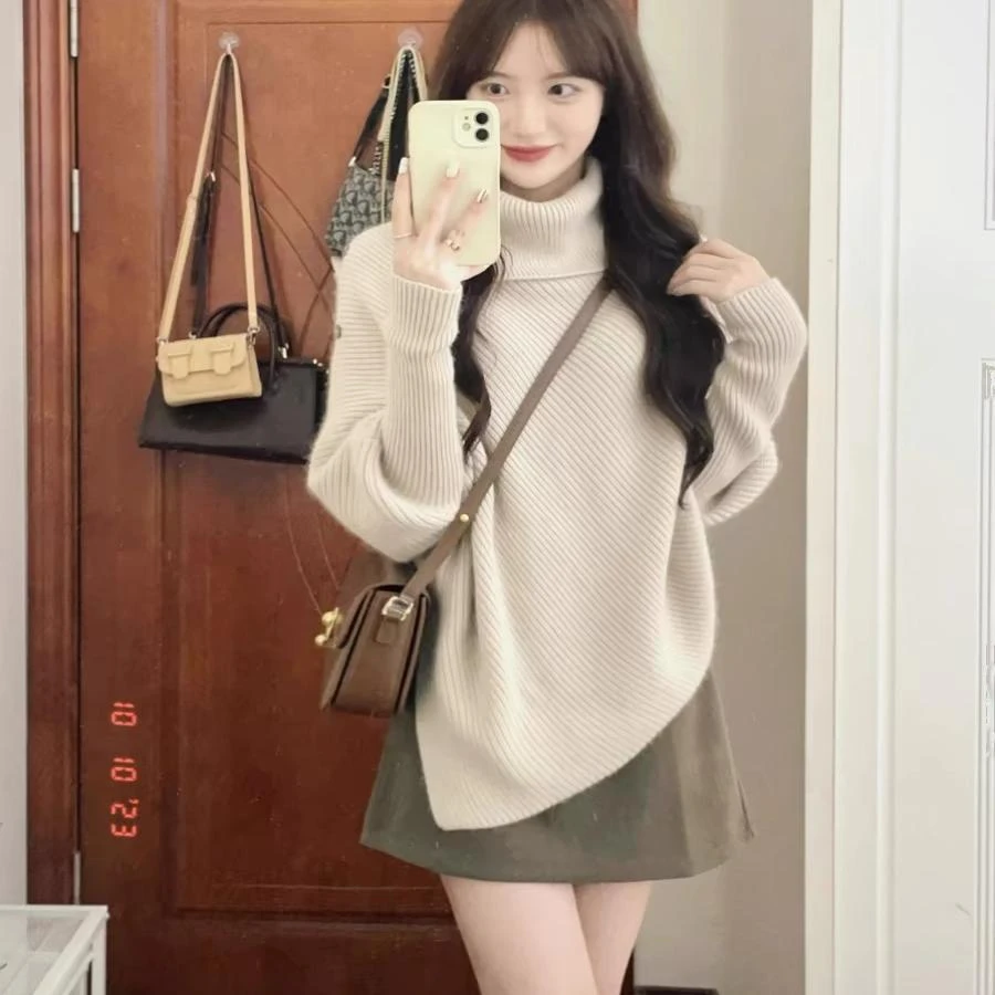 不规则高领毛衣女款2025新款秋冬季韩系慵懒风高级感软糯针织上衣