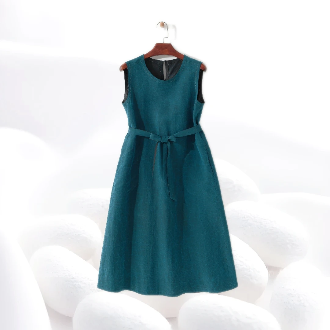 【蓝龟两面四穿背心连衣裙】100％桑蚕丝龟纹圆领无袖长裙dz149