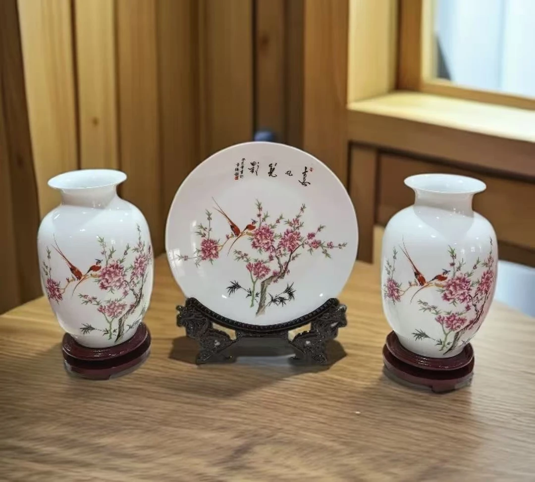 水点桃花赏盘+花瓶