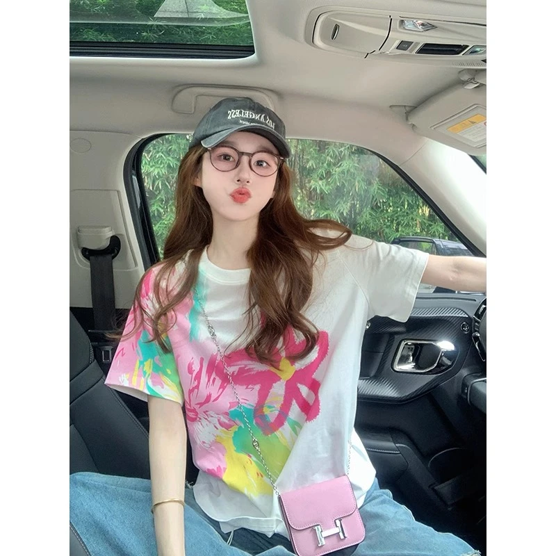 美式短袖t恤2025夏季新款夏季渐变涂鸦花朵减龄美式设计感正肩潮