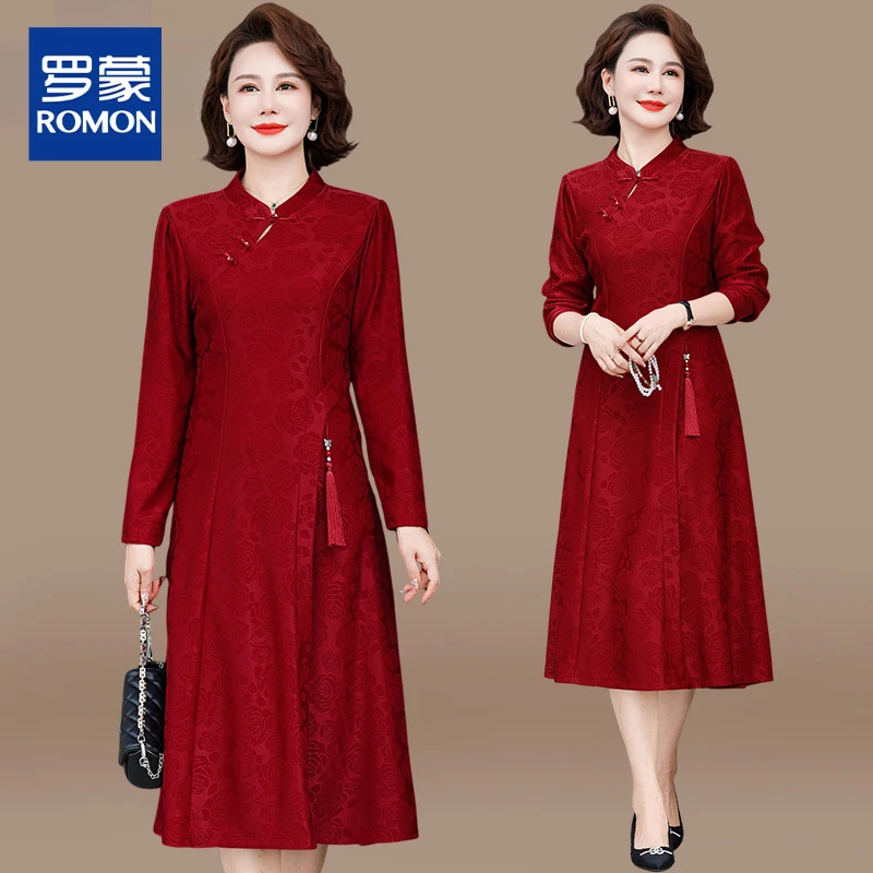 中老年女装喜婆婆婚宴装妈妈秋装连衣裙春秋国风改良旗袍长袖裙子