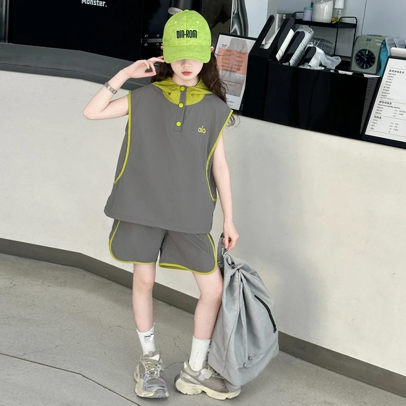 女童连帽背心短裤速干套装夏季2025新款中大童洋气运动休闲韩版潮