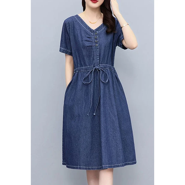 【人】时尚潮流休闲牛仔连衣裙夏装收腰显瘦短袖裙子胖妹