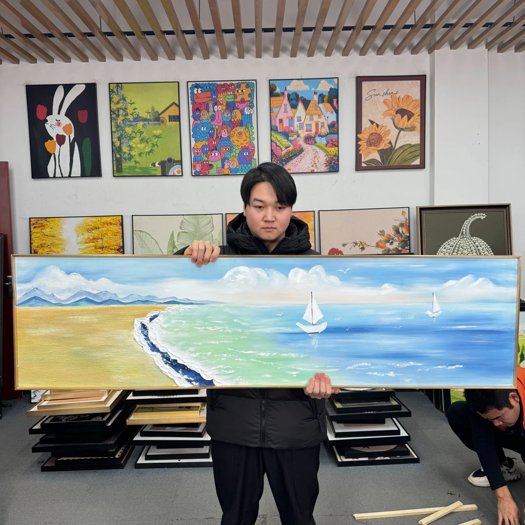 肌理蓝色海浪帆船客厅装饰画现代风沙发背景墙挂画横幅40150