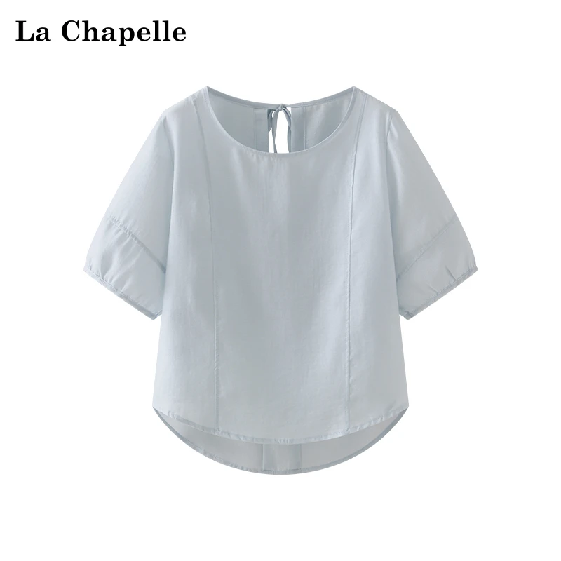拉夏贝尔纯色简约通勤法式薄款圆领后背系带短袖小衫女气质衬衫夏