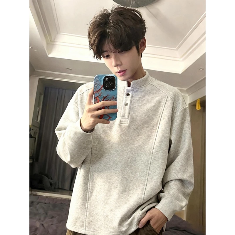 白灰色美式亨利领卫衣男款秋冬加绒厚无帽重磅内搭打底衫长袖t恤