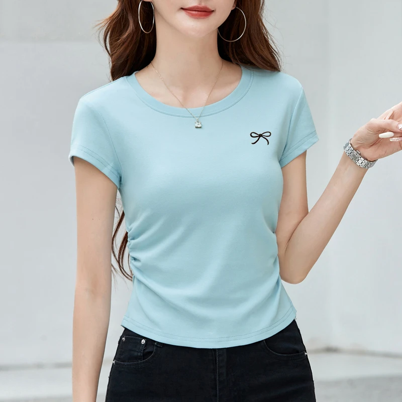 短款（8个色）洋气法式夏季抽褶短袖T恤小众t恤时尚欧若精灵风