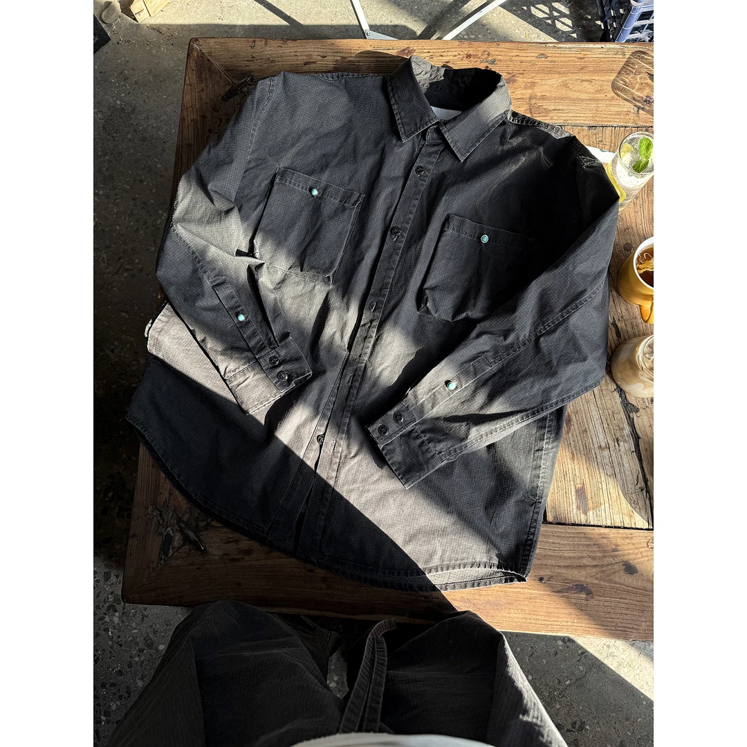 【清仓】 绿松石纽扣 水洗炭黑色 宽松长袖衬衣 衬衫男