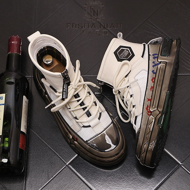 法莎尼亚男士新品秋冬高帮鞋个性潮流百搭青年牛皮时尚韩版休闲鞋