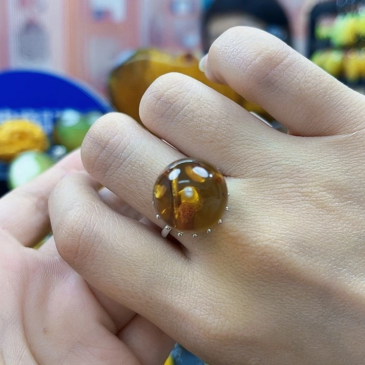 蜜蜡银S925镶嵌裸石戒指
