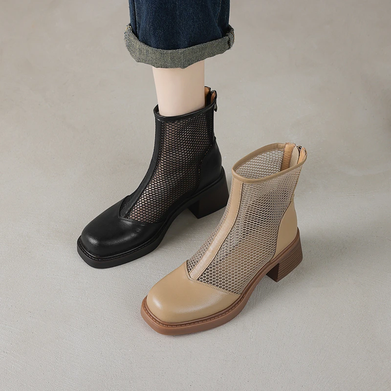 6CM，牛皮透气夏季镂空增高马丁靴粗跟女士镂空透气软底内增高6cm