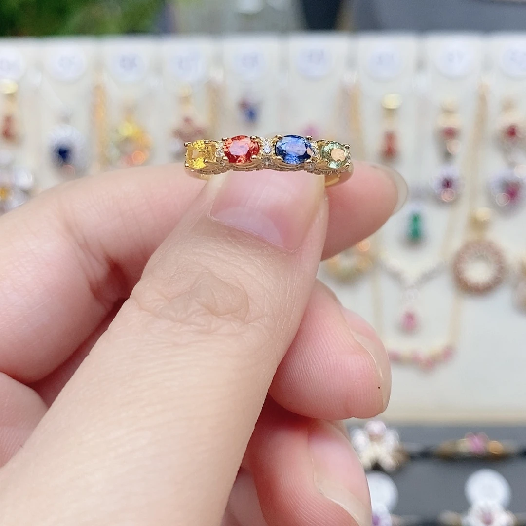 戒指彩色蓝宝石银S925镶嵌