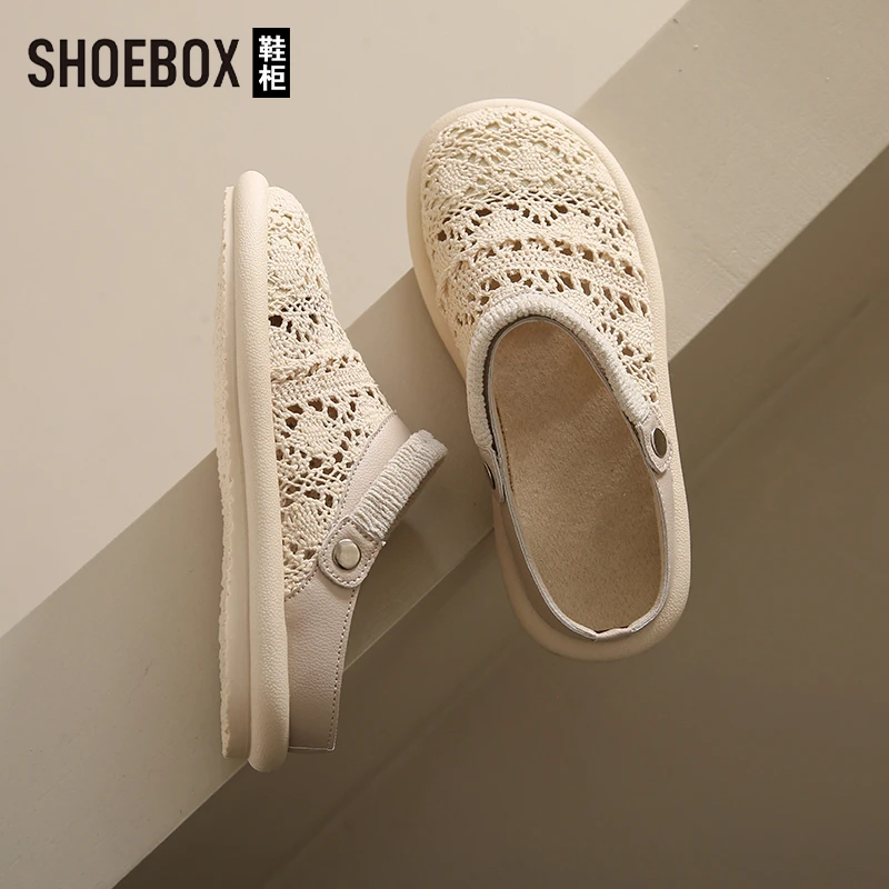 SH0EBOX鞋柜2025夏新款日系两穿包头凉鞋蕾丝透气软底休闲平底鞋