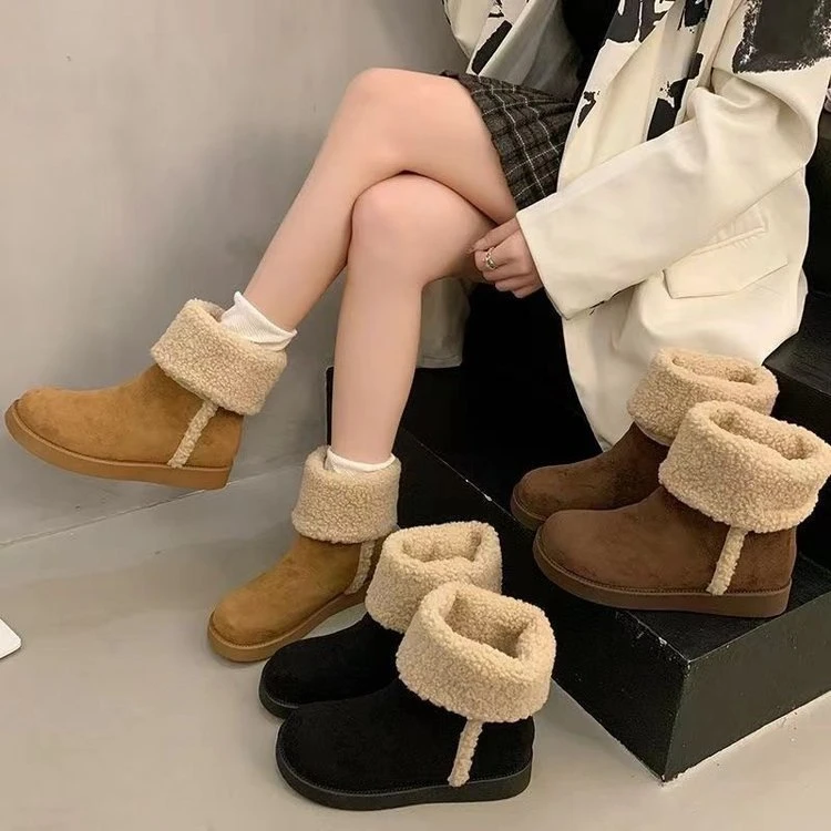 洋气绒面羊羔毛中筒短靴女款两穿秋冬2025新款加绒保暖显瘦雪地靴